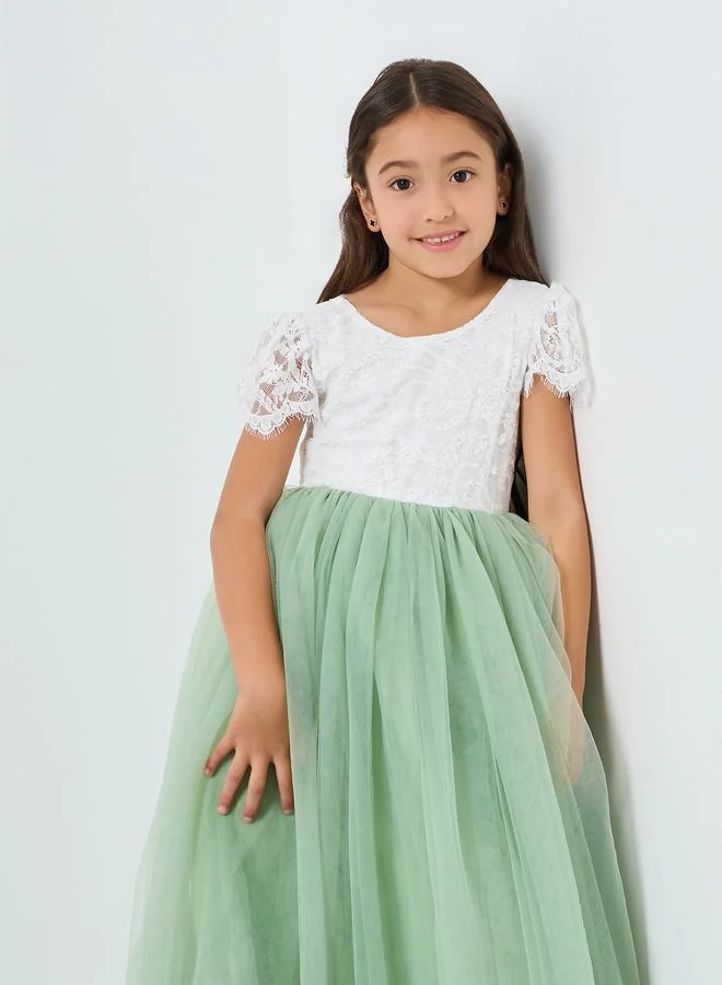 تايك تو فستان طويل بناتي تول ودانتيل أخضر بأكمام منفوخة